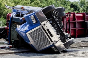 Semi-truck rolled over on its side.